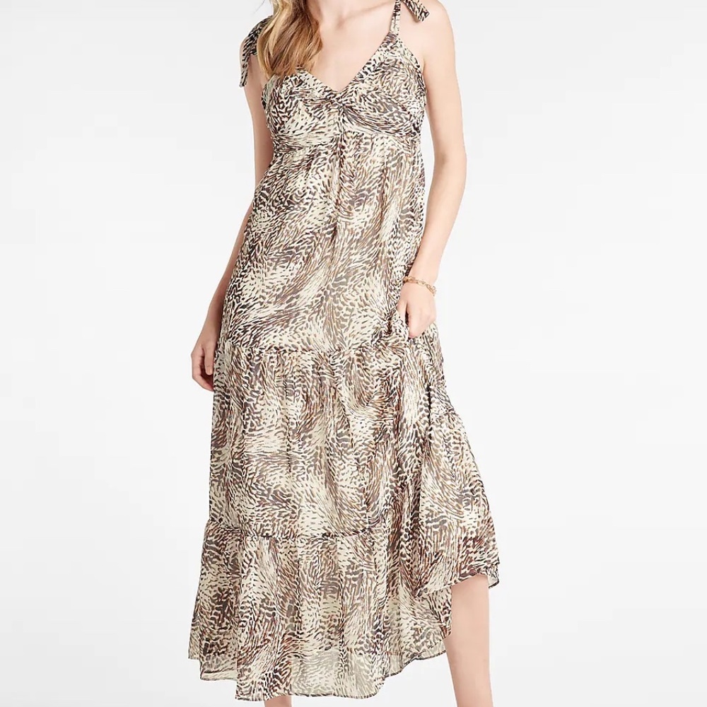 NWT Express Animal Abstract Print Tie Shoulder Tiered Maxi Dress